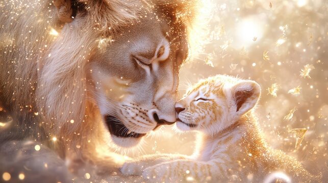 A lion mother and her baby cuddle in a magical setting adorned with sparkling glitter and softly glowing fairy lights