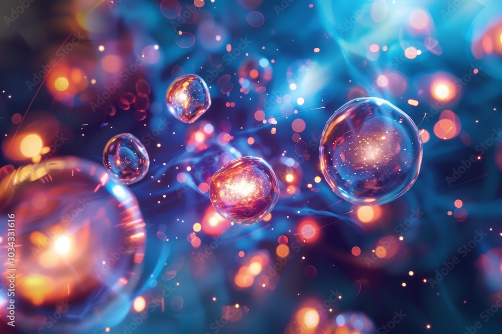 Poster the glowing bubbles float amidst colorful particles in a dynamic cosmic environment, creating a visu