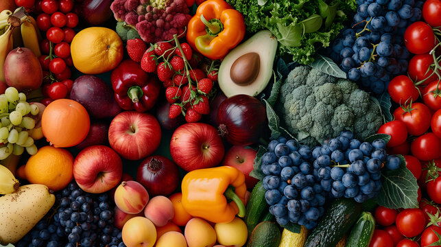 Variedad de frutas y verduras frescas en colores vibrantes