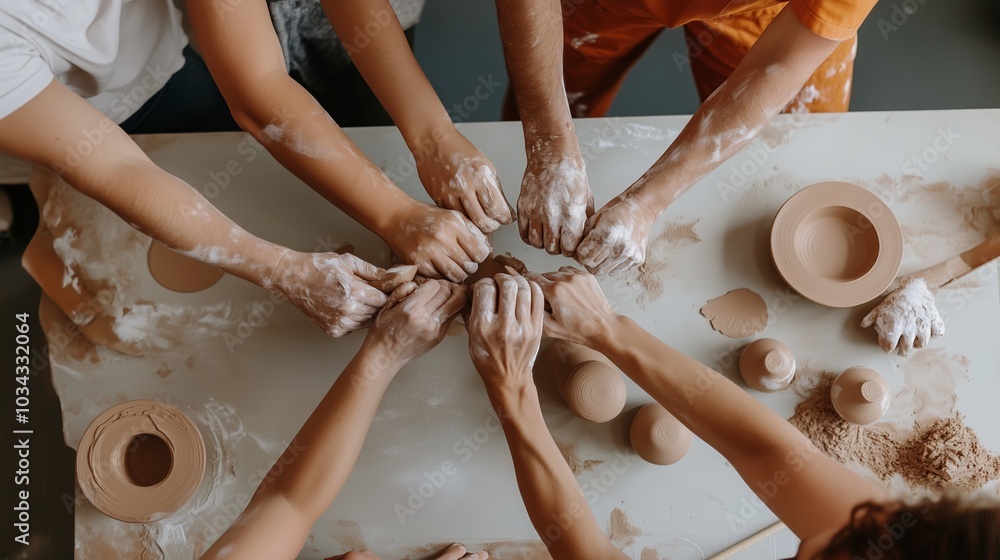 Poster hands engaged in pottery creation at a workshop, with clay and tools scattered on the table, showcas