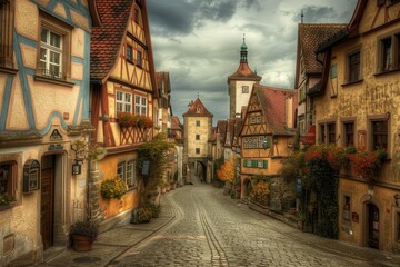 Naklejka premium A quaint village street lined with colorful timber-framed homes reveals a historical charm, bathed in soft light as clouds pass overhead in the late afternoon.