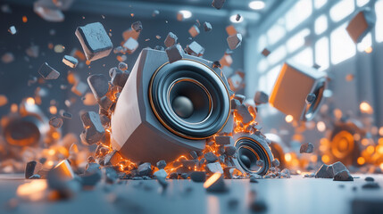 A speaker explodes into a shower of debris, with the speaker's powerful sound wave shown as orange light.