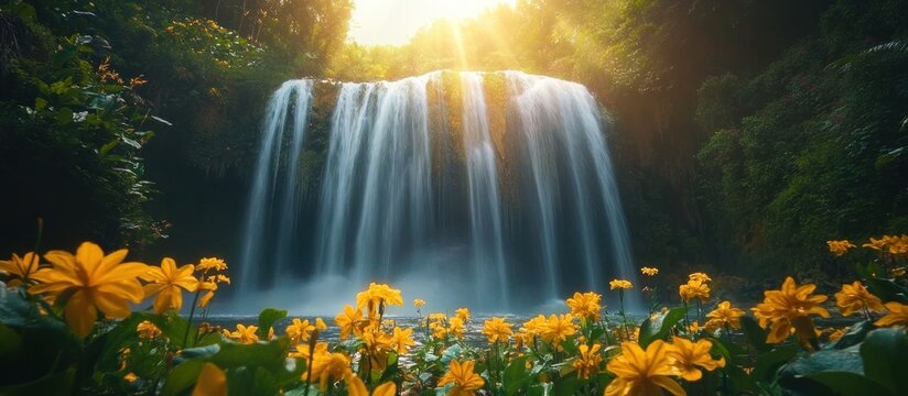 A cascading waterfall with sunbeams shining through the lush green foliage and yellow flowers in the foreground.