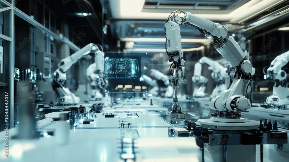 Aufkleber Robotic Arm Assembling in a Modern Factory Setting