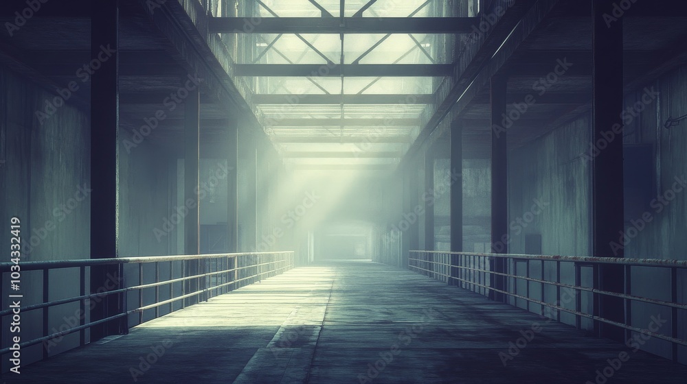 Poster sunlight streams through the metal framework of the bridge creating an ethereal atmosphere