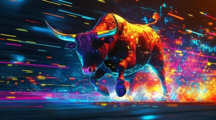 Neon Bull Running Through Abstract Lights, Symbol of Strength and Power
