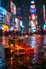 Obraz premium A lot of gifts in city street in winter, exteriors of the house are decorated for Christmas or New Year's holiday, street lights, a fairy-tale environment