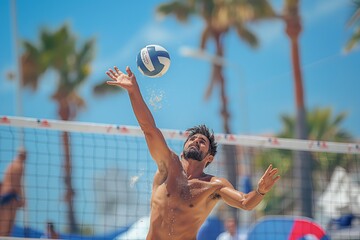 Volleyball, net with sports and fitness, blue sky and people outdoor playing game with training and summer. Exercise, athlete and competition, match with ball and active, workout and team tournament