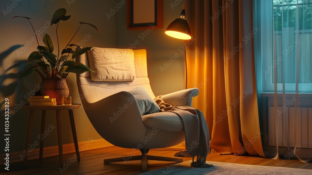 Poster a cozy reading nook with a comfortable armchair a simple side table and a sleek floor lamp encouragi