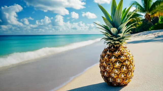 A ripe pineapple sits on a white sandy beach with turquoise water in the background