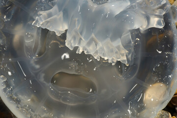 Large jellyfish on the seashore. Transparent jellyfish on rocks.