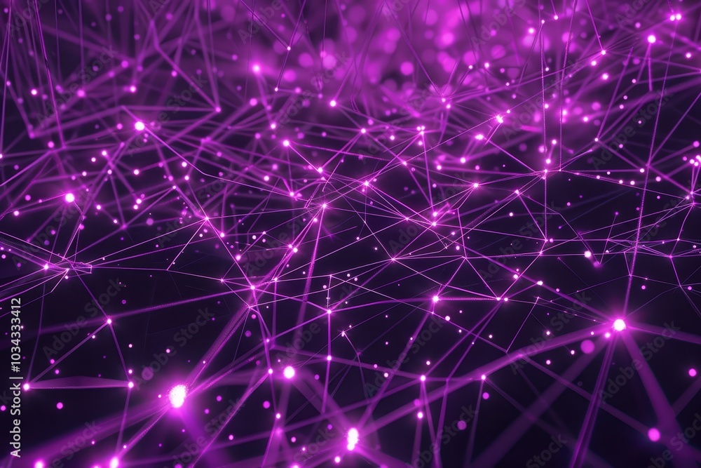 Poster glowing purple nodes are interconnected by lines in a complex network against a dark backdrop, illus