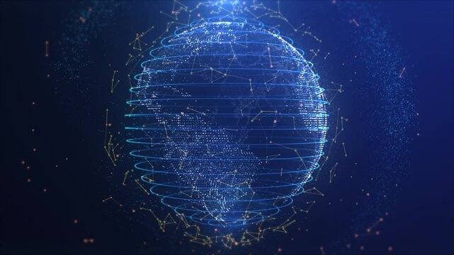 Earth on Digital Network background. BIG DATA 3D EARTH. Beautiful Global Business Network Rotating in Space. Scientific technology data network surrounding planet.