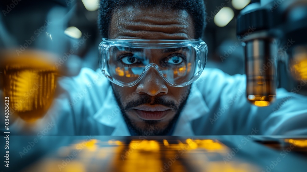 Poster A focused scientist examines colorful liquid samples through a microscope in a well-equipped laboratory during a research experiment.