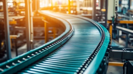 Conveyor belts efficiently move raw materials through the factory as daylight fades