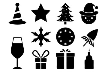 Christmas icons. Christmas silhouettes isolated on white background. Vector winter stickers: snowflakes, christmas tree, balls, bottle, vector silhouettes of elf, snowman, deer. Big christmas icon set