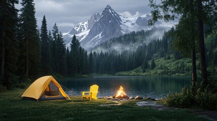A serene campsite nestled among trees overlooks a tranquil lake, featuring a warm campfire and a comfortable chair, ideal for enjoying nature