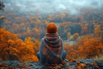 Someone sitting on a rock with a blanket wrapped around their neck, autumn , fall