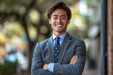 Smiling Young Businessman Wearing Suit and Tie Outdoors