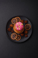 Sweet craffin or panettone garnished with raspberry and pistachio flavored cream