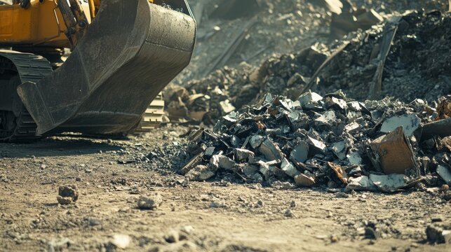 Metal scraps are being sorted and crushed at a recycling facility under clear skies