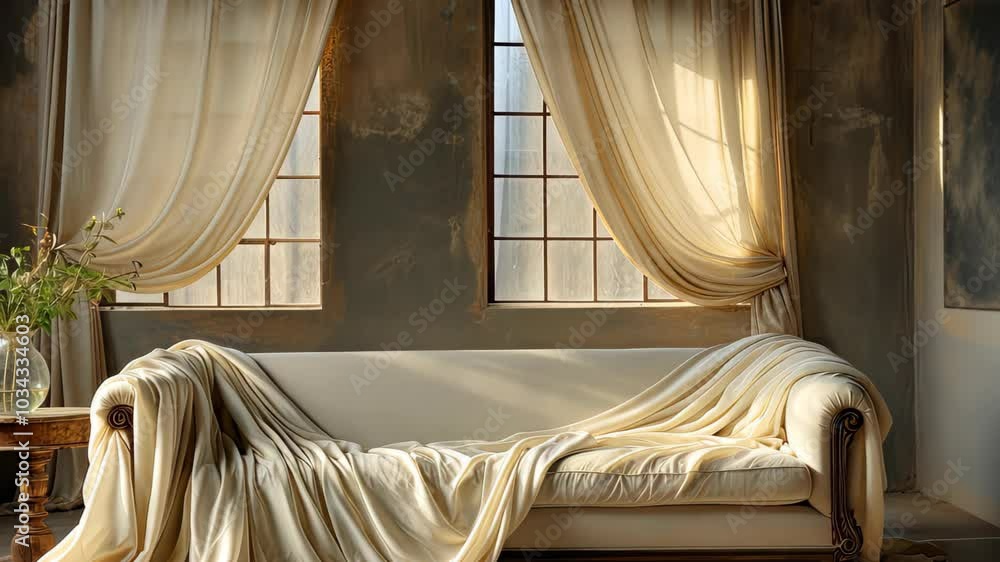 Aufkleber cozy living room featuring a cream-colored sofa draped with soft fabric and illuminated by natural l