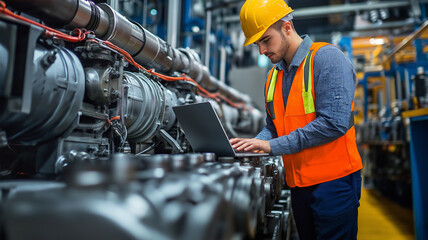 Engineer Working on Laptop in Manufacturing Facility