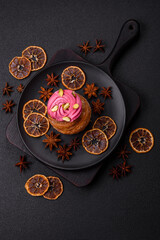 Sweet craffin or panettone garnished with raspberry and pistachio flavored cream