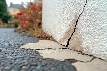 Close up of a large crack in a foundation wall and driveway, indicating structural damage