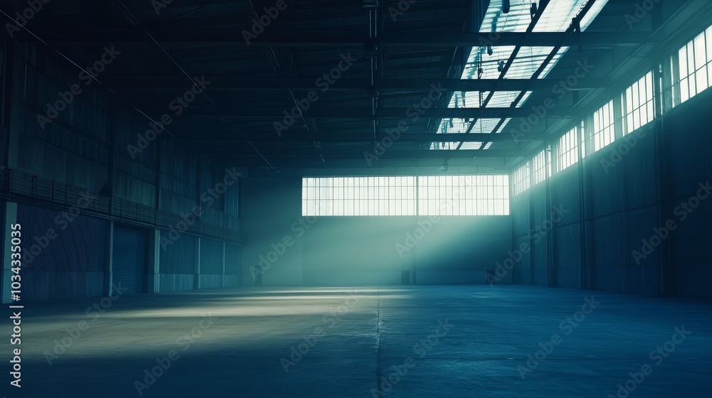Poster sunlight streams through windows of an empty shipping warehouse highlighting its vastness