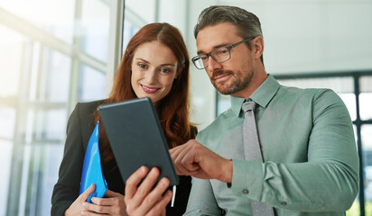 Businessman, manager or tablet for feedback review, help or support guidelines for internship...