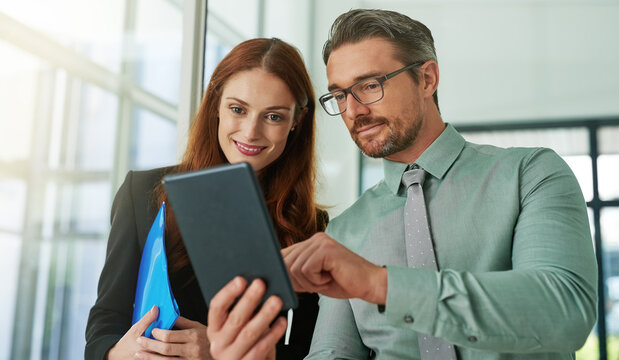 Businessman, manager or tablet for feedback review, help or support guidelines for internship woman. Update, trainee or mentor on technology for project progress, growth or advice on corporate brief