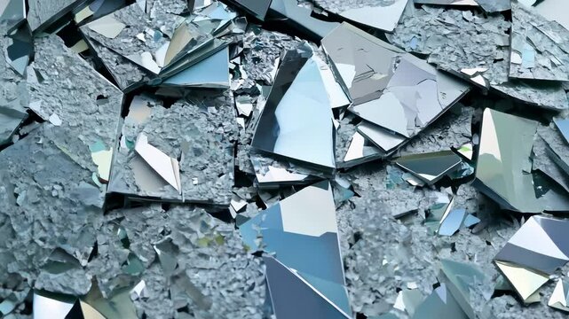 Shattered mirror shards reflect distorted images in a rotating top-view flat lay.
