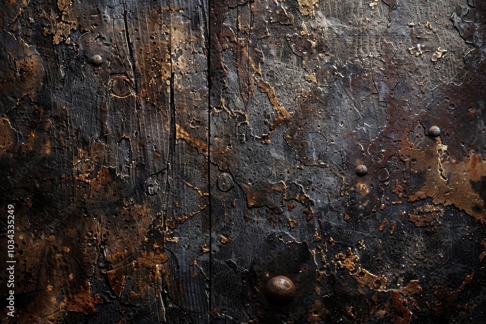 Poster A close-up view of a metallic surface displaying a variety of intricate textures and earthy rust patterns, illuminated by soft ambient light.
