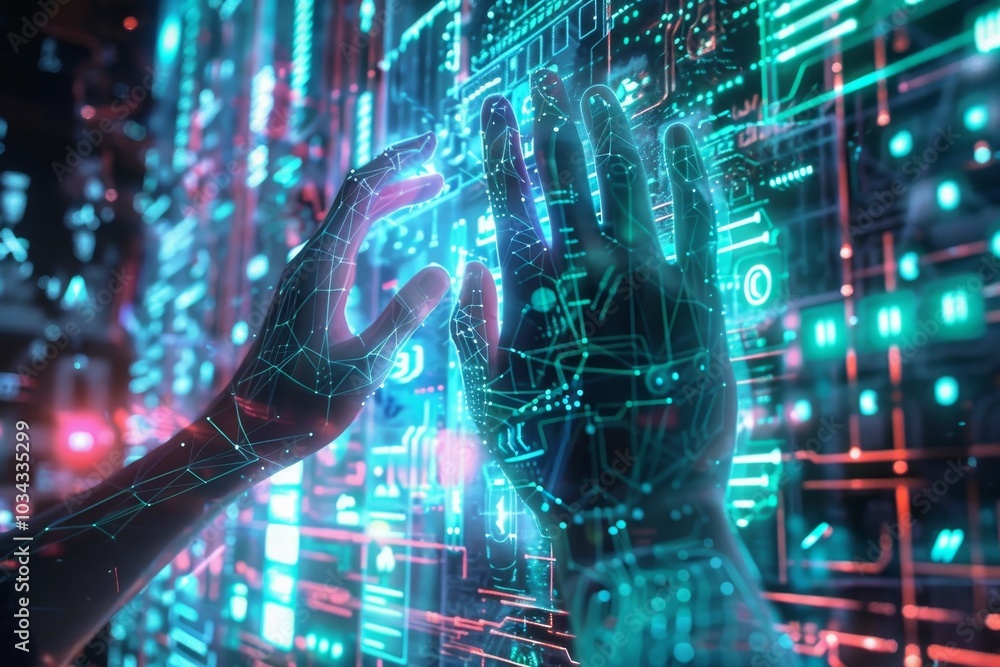 Poster two hands reach out to a vibrant digital interface, illuminated with bright colors and intricate pat