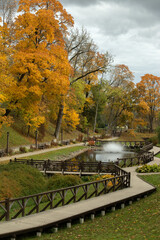 Park and fontain in Old Town of Kuldiga, Latvia on a autumn day. High quality photo
