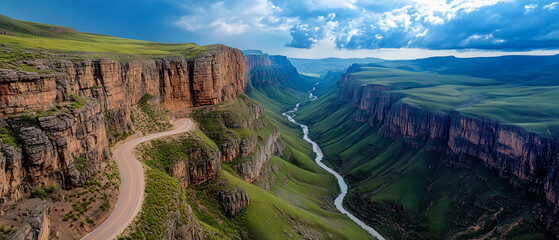 Scenic view of a winding road through a lush canyon landscape