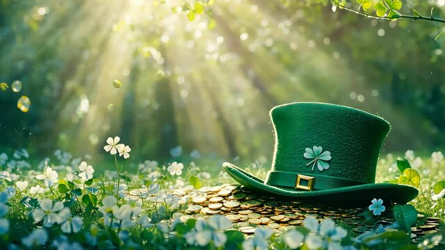 St. Patrick's Day scene with a green hat, clover, and coins, under sunlit rays.

