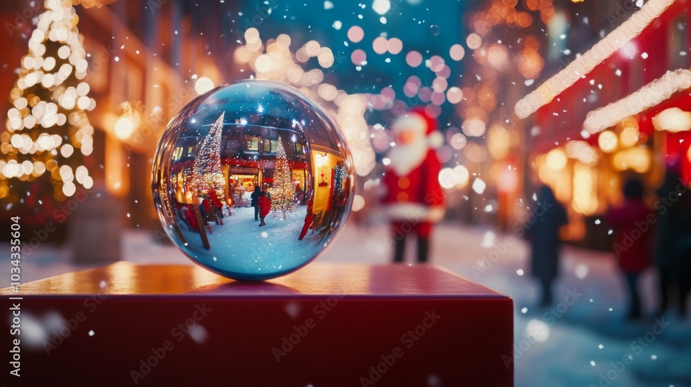 Aufkleber a large, clear glass sphere sits on a red surface, reflecting a snowy city scene. the sphere is illu