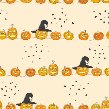 Fun seamless vector pattern with pumpkins in one line for Halloween