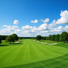 Naklejka premium A picturesque golf course scene features lush green fairways under a clear blue sky