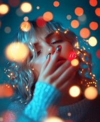 a lovely blonde woman in pastel blue turtleneck is standing against colorful background with bokeh effects, Her hand is on her face as if she has a question but no answer