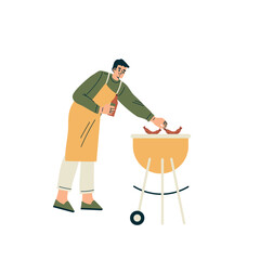 Man Character Stand in apron Frying Sausage Relaxing in Nature in the Park Have Barbecue Vector Illustration