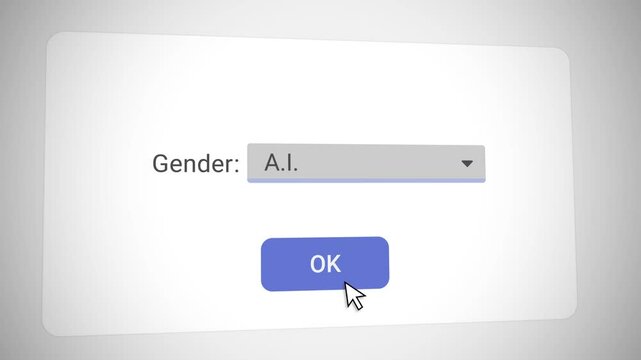 Computer mouse pointer arrow choosing A.I. option for gender question. Artificial intelligence gender selection in questionnaire test or sign up form. Futuristic robot with human emotions and rights