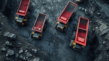 Heavy duty dump trucks transport gravel in a busy quarry shaping an industrial scene