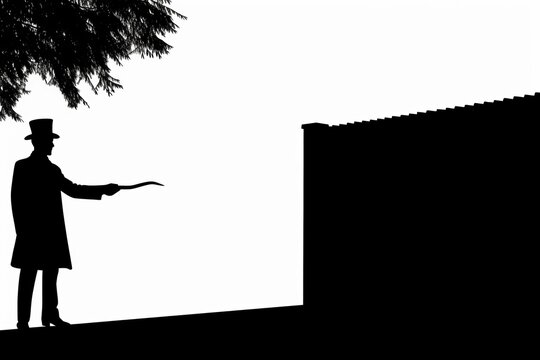 Dynamic silhouette of a soldier in combat position, ready to strike with weapon against wall