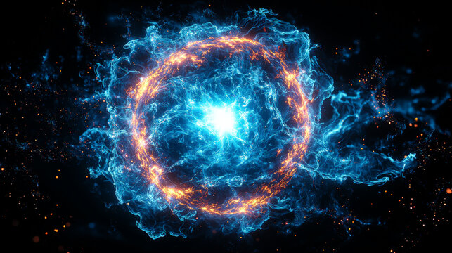 A striking image of a large neon blue orb radiating powerful plasma energy. Generative AI