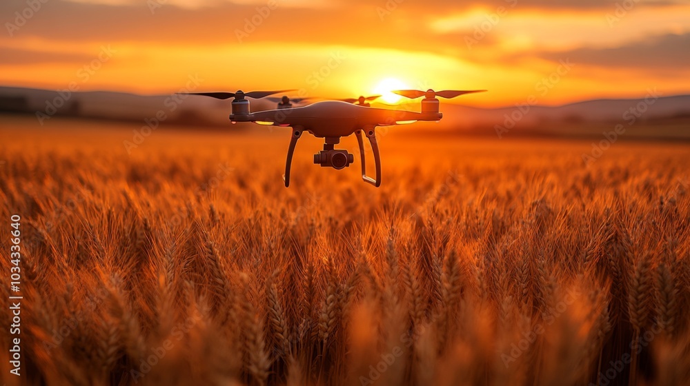 Poster the setting sun casts a warm glow over expansive wheat fields as a drone surveys the landscape, capt