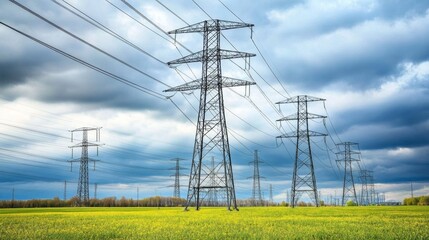 High voltage power lines loom over a lush green field beneath a swirling cloudy sky