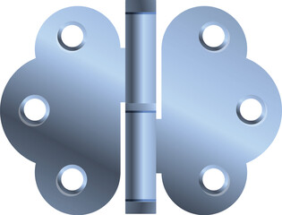 Silver metal door hinge connecting two parts, isolated on white background